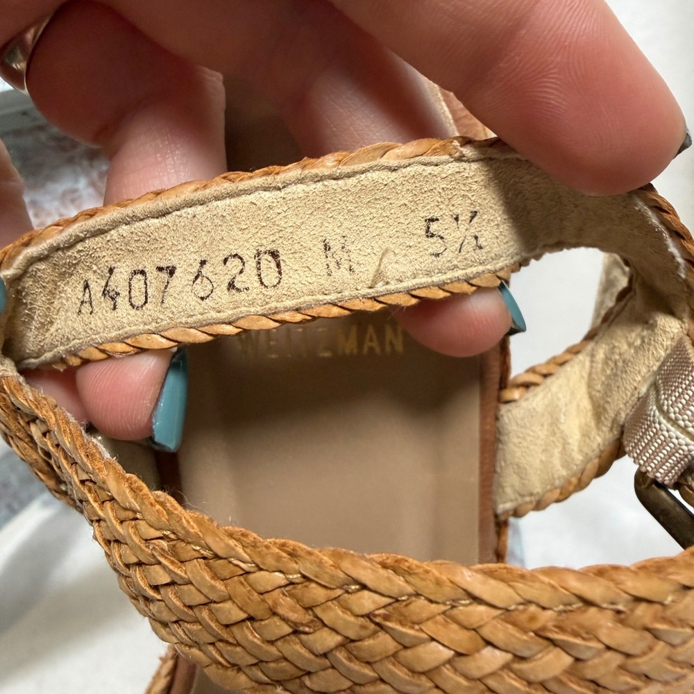 Stuart Weitzman Barbados Wedge Sandals Women 5.5 Tan Woven Platform Ankle Strap - Picture 11 of 11